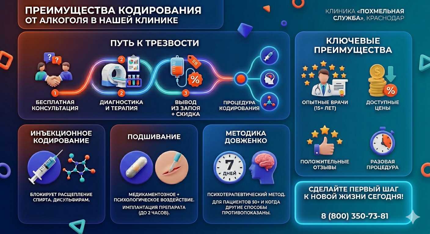 Инфографика о методах кодирования от алкоголя в Емельяново: инъекции, подшивание, метод Довженко. Преимущества клиники и этапы лечения.