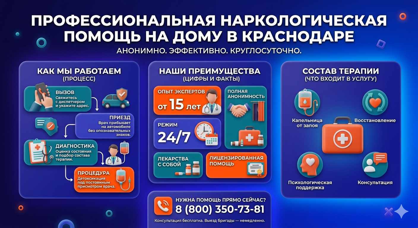 Инфографика о принципах лечения алкоголизма на дому в Емельяново: этапы вызова нарколога, преимущества анонимной детоксикации и состав медицинской помощи.